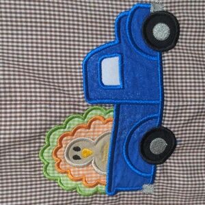 Be Mine Thankgiving Turkey Baby Boy Brown & White Plaid Shortall. Size 12 Month